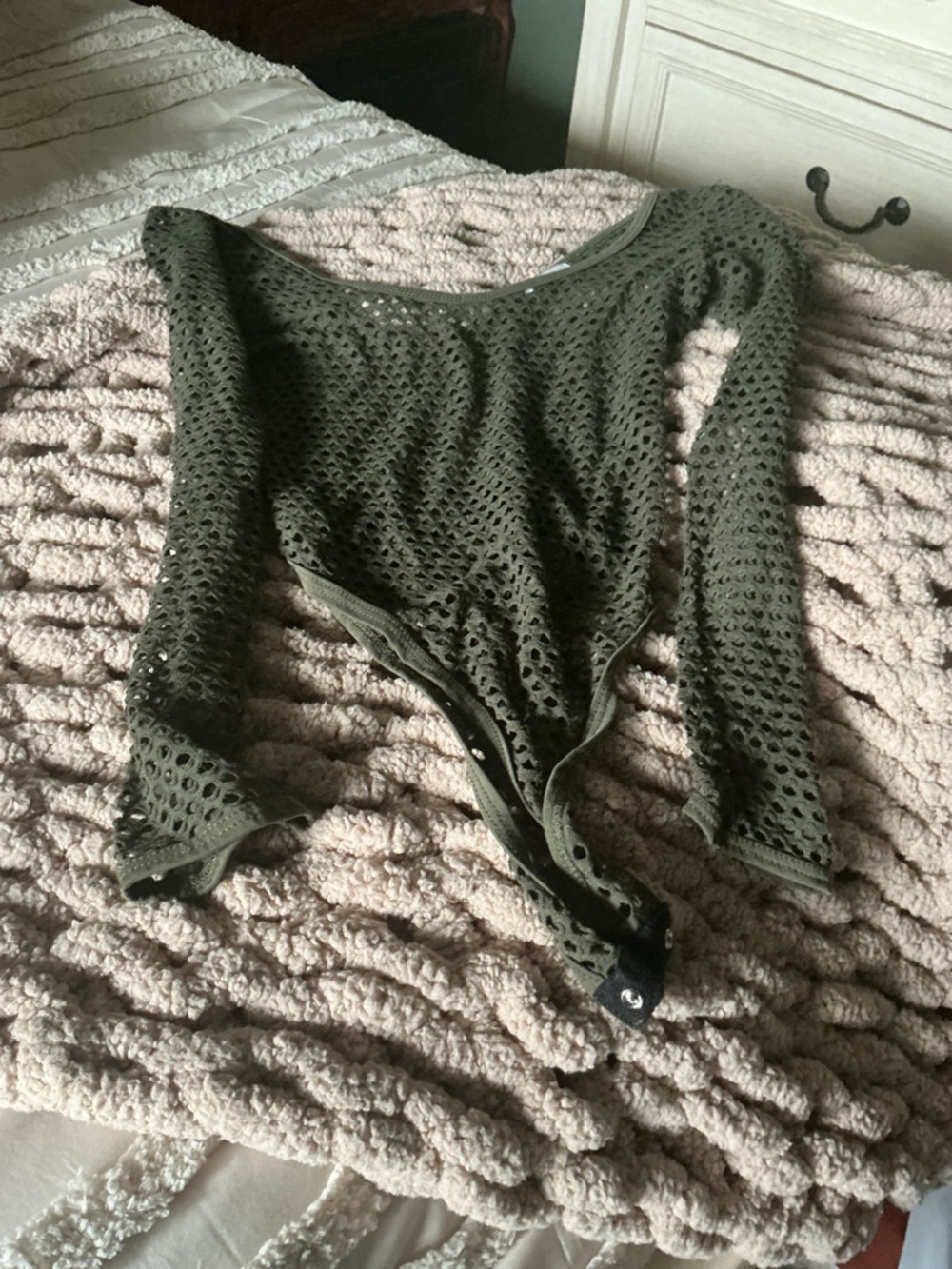 Source Unknown Olive Green Eyelet Mesh Long Sleeve Bodysuit